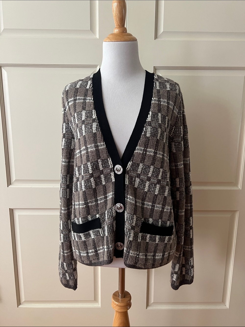 NIC+ZOE Grid Mix Sweater Cardigan in black multi - medium